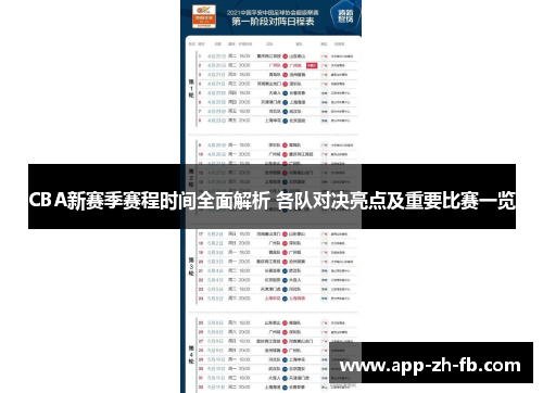 CBA新赛季赛程时间全面解析 各队对决亮点及重要比赛一览