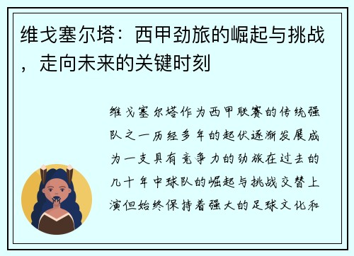 维戈塞尔塔：西甲劲旅的崛起与挑战，走向未来的关键时刻